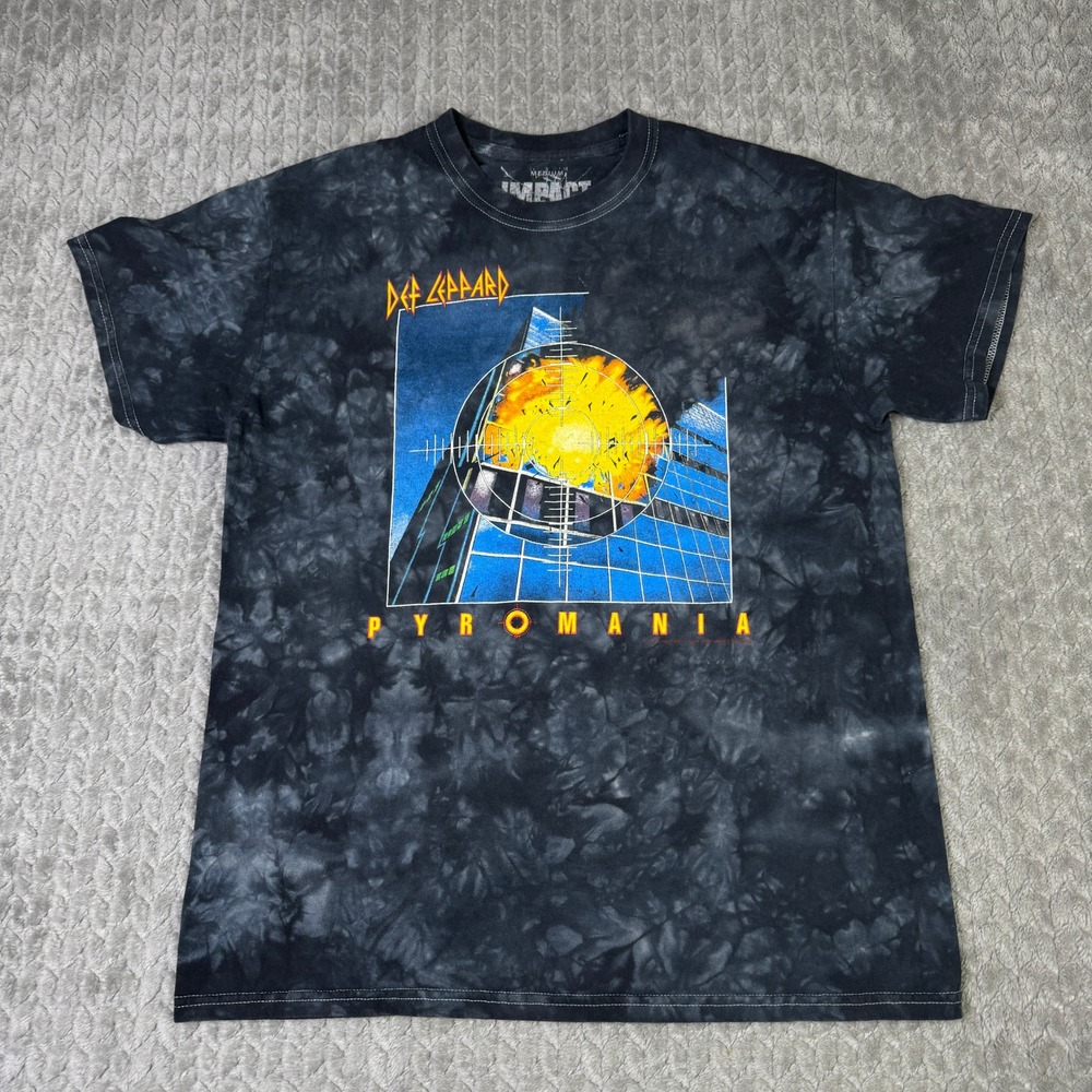 Def Leppard Pyromania Graphic Tee Uni Medium Black Gray Tie Dye Rock Band Shirt
